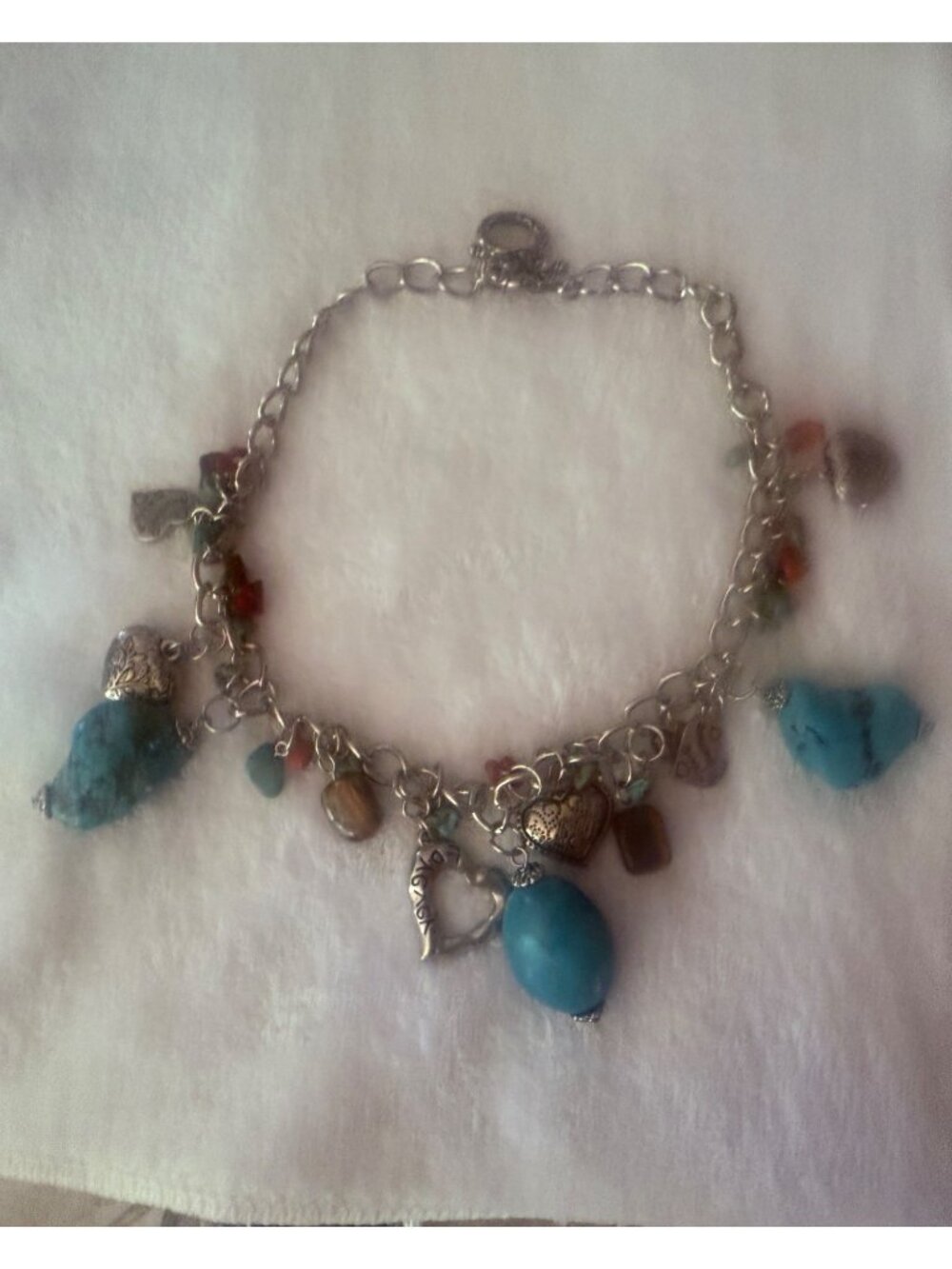 Handmade Silver Chain necklace With Turquoise & Heart Charms Red & Green Stones